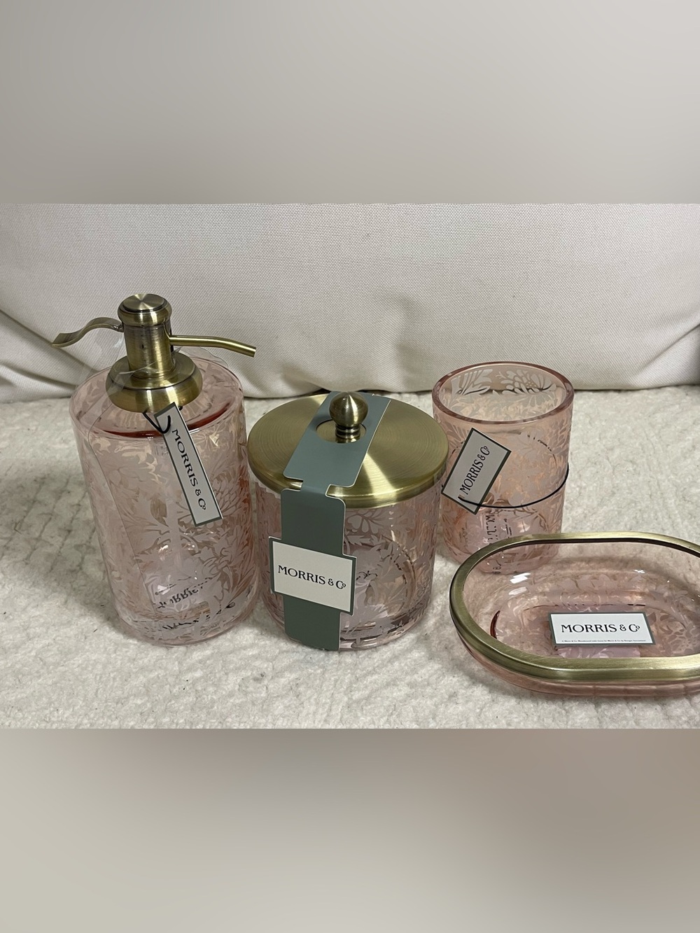 Pink Glass Bath Accessory Set with Brass Accents by Morris and co